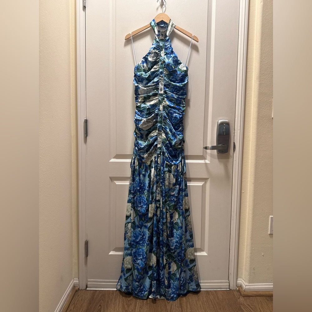 Sonya Moda Nawal Stretch Silk Blue Floral Halter Maxi Dress - size S NWT - Picture 2 of 5